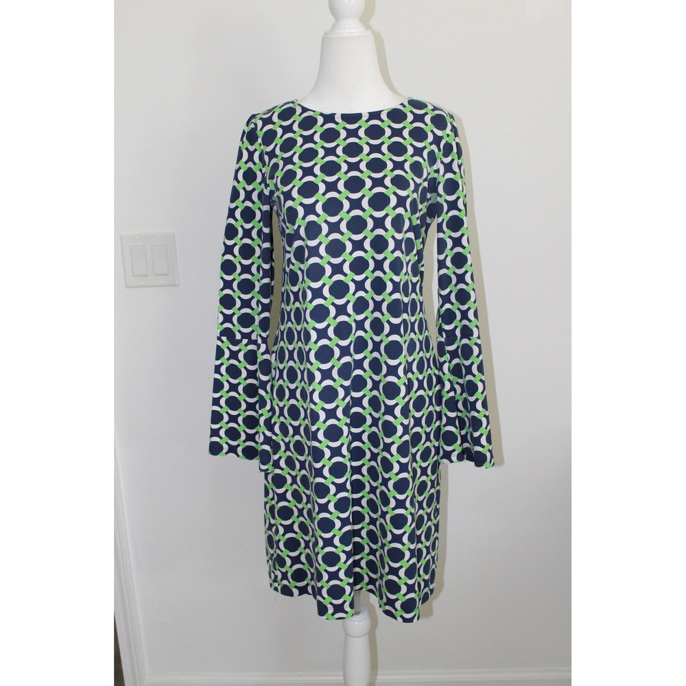 Katherine‎ Way Navy Green Geometric Link Long Sleeve Shift Dress Size S